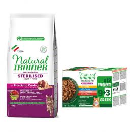 10 kg Natural Trainer Adult + 12 x 85 g Straccetti Adult Streifen in Soße zum Sonderpreis! - Sterilised Rohschinken + Sterilised Mix (4 Sorten)