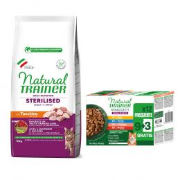 10 kg Natural Trainer Adult + 12 x 85 g Straccetti Adult Streifen in Soße zum Sonderpreis! - Sterilised Truthahn + Sterilised Mix (4 Sorten)