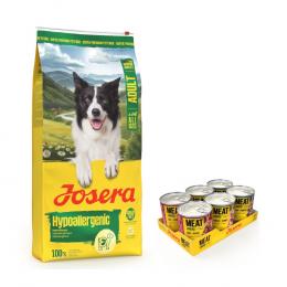 12,5 kg Josera Adult + Meatlovers Nassfutter gratis! - Hypoallergenic + 6 x 800 g Menü: Mix (3 Sorten, altes Design)