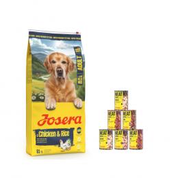 12,5 kg Josera Adult + Meatlovers Nassfutter gratis! - Medi/Maxi Huhn & Reis + 6 x 400 g Pure: Mix (4 Sorten, altes Design)