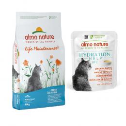 12 kg Almo Nature Functional + 12 x 50 g HFC Hydration Help gratis! - Life Maintenance Fettfisch & Reis + 12 x 50 g Hühnerbrühe mit Hühnerfilet