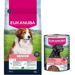 12 kg Eukanuba Premium Nutrition + 3 x 400 g passendes Nassfutter gratis! - Senior Small & Medium Breed Lamm & Reis + Senior Reich an Rind mit Kürbis