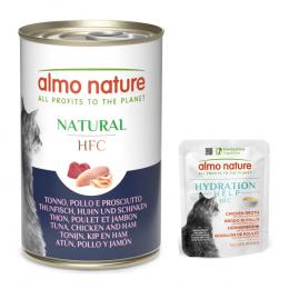 12 x 140 g Almo Nature HFC Natural + 6 x 50 g Hydration Help gratis! - Thunfisch, Huhn und Schinken + Hühnerbrühe mit Hühnerfilet