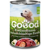 12 x 400 g | Goood | Junior Freilandlamm & Nachhaltige Forelle Medium/Maxi | Nassfutter | Hund