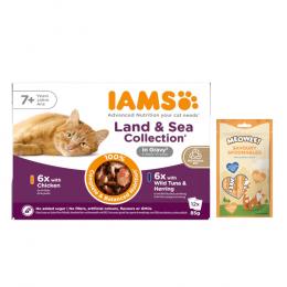 12 x 85 g IAMS Advanced Nutrition + 8 x 14 g Meowee! Savoury Spoonables gratis! - Senior 7+ Land & Sea Collection in Sauce