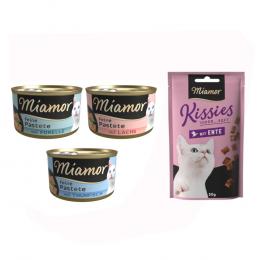 12 x 85 g Miamor Pastete + 50 g Kissies mit Ente gratis! - Mixpaket Fisch (3 Sorten)