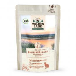 12 x 85 g | Wildes Land | Huhn und Lachs mit Cranberries und Lachsöl BIO Adult | Nassfutter | Katze