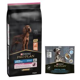 14 kg PURINA PRO PLAN Adult + Dental Care passender Snack gratis! - Large Athletic Sensitive Skin Lachs + für große Hunde 426 g