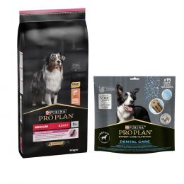 14 kg PURINA PRO PLAN Adult + Dental Care passender Snack gratis! - Medium Sensitive Skin + Medium Dog 345 g