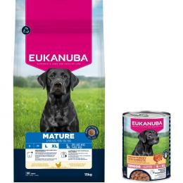 15 kg Eukanuba Premium Nutrition + 3 x 400 g passendes Nassfutter gratis! - 15 kg Mature Large & Giant Breed Huhn + 3 x 400 g Senior Pute mit Karotten