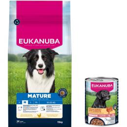 15 kg Eukanuba Premium Nutrition + 3 x 400 g passendes Nassfutter gratis! - 15 kg Mature Medium Breed Huhn + 3 x 400 g Senior Pute mit Karotten