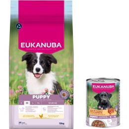 15 kg Eukanuba Premium Nutrition + 3 x 400 g passendes Nassfutter gratis! - 15 kg Puppy Medium Breed Huhn + 3 x 400 g Puppy Pute mit Karotten