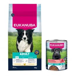 15 kg Eukanuba Premium Nutrition Huhn + 3 x 400 g passendes Nassfutter gratis! - Adult Medium + Adult Reich an Rind mit Kürbis