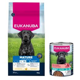 15 kg Eukanuba Premium Nutrition Huhn + 3 x 400 g passendes Nassfutter gratis! - Mature Large & Giant + Senior Reich an Rind mit Kürbis