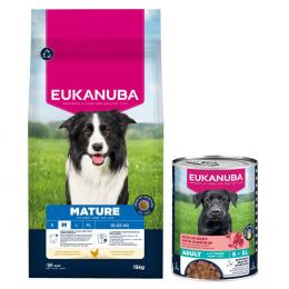 15 kg Eukanuba Premium Nutrition Huhn + 3 x 400 g passendes Nassfutter gratis! - Mature Medium  + Senior Reich an Rind mit Kürbis