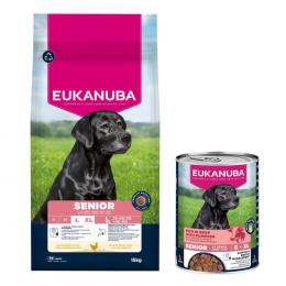 15 kg Eukanuba Premium Nutrition Huhn + 3 x 400 g passendes Nassfutter gratis! - Senior Large & Giant + Senior Reich an Rind mit Kürbis