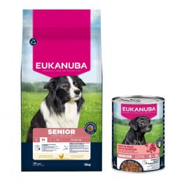 15 kg Eukanuba Premium Nutrition Huhn + 3 x 400 g passendes Nassfutter gratis! - Senior Medium + Senior Reich an Rind mit Kürbis