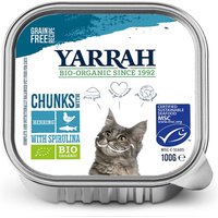 16 x 100 g | Yarrah | Bio-Bröckchen mit Huhn, Hering & Spirulina | Nassfutter | Katze