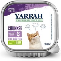 16 x 100 g | Yarrah | Bio-Bröckchen mit Huhn, Truthahn & Aloe Vera | Nassfutter | Katze