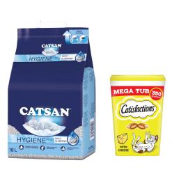 18 l Catsan Katzenstreu + 2 x 350 g Dreamies Snacks zum Sonderpreis! - Hygiene plus Katzenstreu + Katzensnacks mit Käse