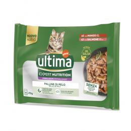 3 + 1 gratis! 4 x (4 x 70 g) Ultima Cat Expert Nutrition - Hairball Rind & Lachs