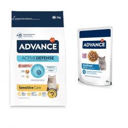 3 kg Advance + 12 x 85 g passendes Nassfutter zum Sonderpreis! - Sensitive Lachs & Reis + Sterilized Kabeljau