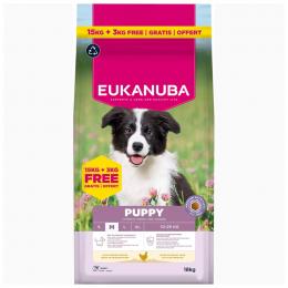 3 kg gratis! 18 kg Eukanuba Premium Nutrition Breed Huhn - Puppy Medium