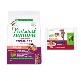 3 kg Natural Trainer Adult + 4 x 85 g passendes Nassfutter zum Sonderpreis! - Sterilised Lachs + Lachs