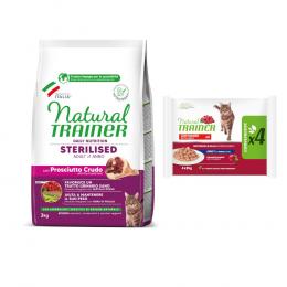 3 kg Natural Trainer Adult + 4 x 85 g passendes Nassfutter zum Sonderpreis! - Sterilised Rohschinken + Rind