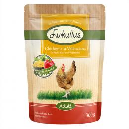 5 + 1 GRATIS! 6 x 300 g / 6 x 150 g Lukullus Naturkost Frischebeutel - Adult: Huhn in Paella-Reis & Gemüse 6 x 300 g