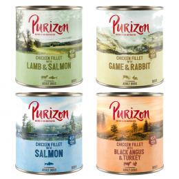 6 x 400/800 g Purizon Nassfutter zum Sonderpreis - Mix 4 Sorten (2 x 800 g Black-Angus, 2 x 800 g Lamm, 1 x 800 g Lachs, 1 x 800 g Wild)