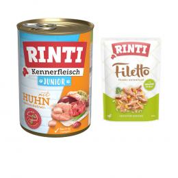 6 x 400 g RINTI Kennerfleisch + 100 g Filetto Pouch in Jelly mit Ente & Gemüse gratis! - Junior Huhn
