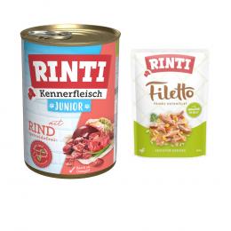 6 x 400 g RINTI Kennerfleisch + 100 g Filetto Pouch in Jelly mit Ente & Gemüse gratis! - Junior Rind