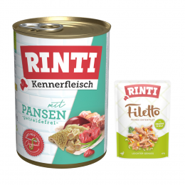 6 x 400 g RINTI Kennerfleisch + 100 g Filetto Pouch in Jelly mit Ente & Gemüse gratis! - Pansen