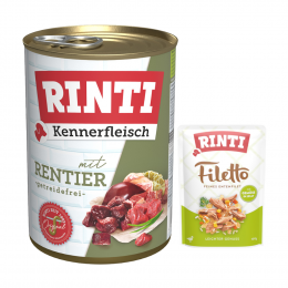 6 x 400 g RINTI Kennerfleisch + 100 g Filetto Pouch in Jelly mit Ente & Gemüse gratis! - Rentier