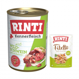 6 x 400 g RINTI Kennerfleisch + 100 g Filetto Pouch in Jelly mit Ente & Gemüse gratis! - Wildschwein