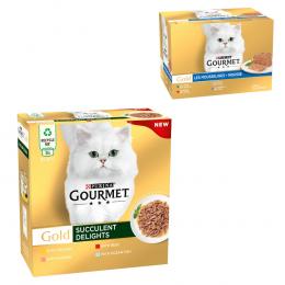 96 x 85 g Jumbopack Gourmet Gold + 24 x 85 g Mousse-Mix gratis! - Saftig-Feine Streifen: Huhn, Meeresfisch, Rind, Lachs