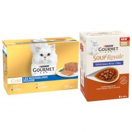 96 x 85 g Jumbopack Gourmet Gold + 48 x 45 g Soup Royale Fischauswahl gratis! - Feine Pastete: Mixpaket (Kaninchen, Huhn, Lachs, Nieren)