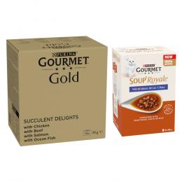 96 x 85 g Jumbopack Gourmet Gold + 48 x 45 g Soup Royale Fischauswahl gratis! - Saftig-Feine Streifen: Huhn, Meeresfisch, Rind, Lachs
