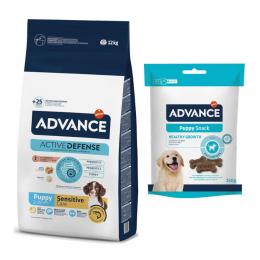 Advance Trockenfutter + passender Snack gratis! - 12 kg Puppy Sensitive mit Lachs  + 150 g Puppy Snack