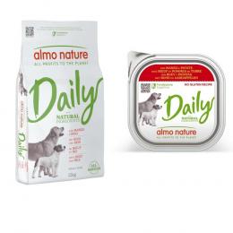 Almo Nature Daily Trockenfutter + 9 x 300 g Ausgewähltes Nassfutter zum Sonderpreis! - 12 kg All Breeds Rind & Reis + 9 x 300 g Rind und Kartoffeln