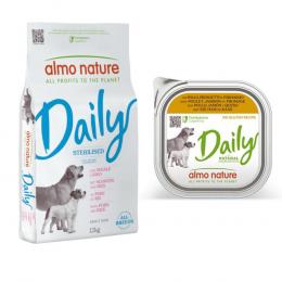 Almo Nature Daily Trockenfutter + 9 x 300 g Ausgewähltes Nassfutter zum Sonderpreis! - 12 kg Sterilised all Breeds Schwein & Reis + 9 x 300 g Huhn, Schinken und Käse