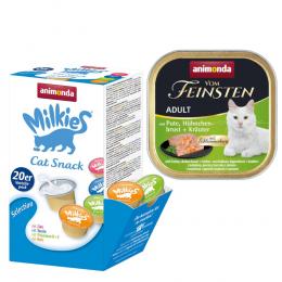 animonda Kombi-Paket: 12 x 100 g Vom Feinsten + 20 x 15 g Milkies Selection - Adult mit Schlemmerkern: Pute, Hühnchenbrust & Kräuter + Milkies Snack (4 Sorten)