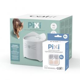 Catit Pixi Keramiktrinkbrunnen, weiß - Sparset: Trinkbrunnen 1,7 l & 6 Ersatzfilter