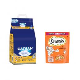 Catsan Katzenstreu + Whiskas/Dreamies Snack gratis! - 15 l Ultra plus Klumpstreu + 180 g Dreamies Mega Pack mit Huhn