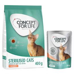 Concept for Life Kombi-Paket: 400 g Trockennahrung + 12 x 85 g Nassnahrung in Soße - Sterilised Cats Lachs Mixpaket