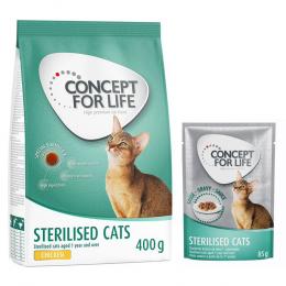 Concept for Life Kombi-Paket: 400 g Trockennahrung + 12 x 85 g Nassnahrung in Soße - Sterilised Cats Mixpaket