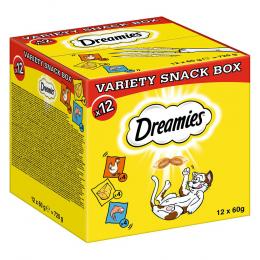 Dreamies Katzensnacks Variety Box - 12 x 60 g Mixbox (Huhn, Käse, Lachs)