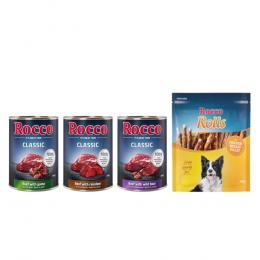 Kombi-Paket: Rocco Classic Probiermix Nassfutter + Rolls Snack - 24 x 400 g Wild-Mix: Rind/Wild, Rind/Rentier, Rind/Wildschwein + 3 x 200 g Hühnerbrustfilet