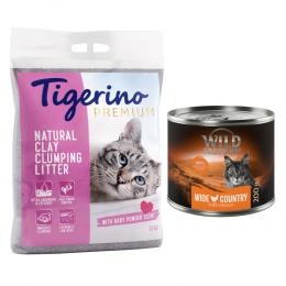 Kombi-Paket: Tigerino Premium Katzenstreu 2 x 12 kg + Wild Freedom Trocken- & Nassfutter - Babypuderduft + Wide Country - Huhn pur - 200 g Nassfutter